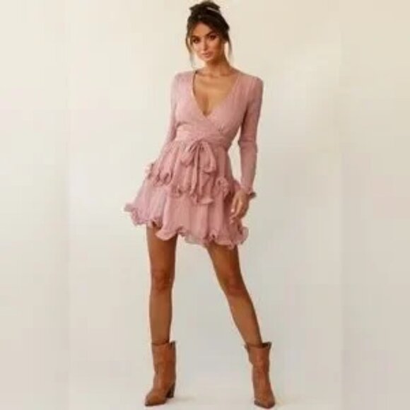 saints + secrets GRETA TIERED RUFFLE CHIFFON DRESS ROSE size US M - Picture 1 of 8